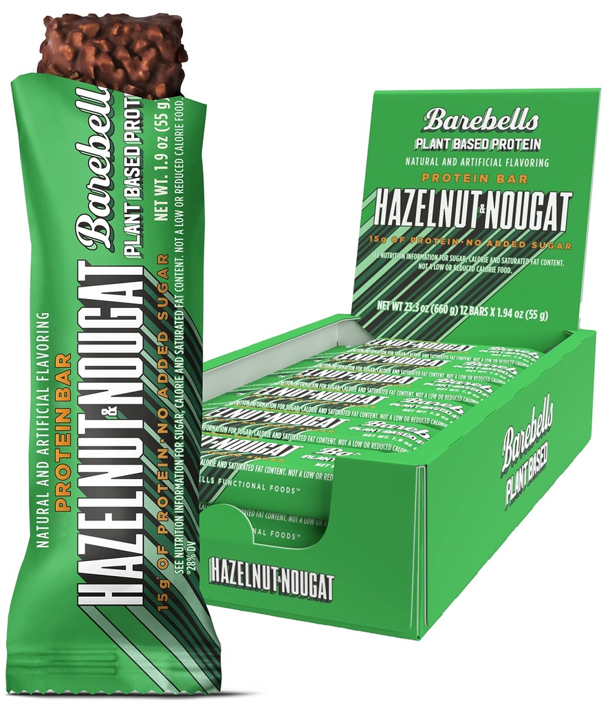 Barebells Vegan Protein Bars Hazelnut & Nougat - 12 Count, 1.9oz Bars - Kenmerken Plant Based Protein Bar met 15g eiwit - Chocolade Proteïne Snacks met slechts 1g van Total Sugars - Ideaal voor