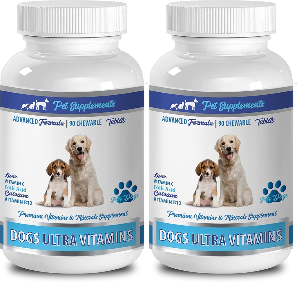 Vitaminen voor honden - Honden Ultra Vitaminen - Mineralen - Essentiële NUTRIËNTEN - Premium en Natuurlijke - Hondencalcium tabletten - 2 Flessen (180 Kauwen)