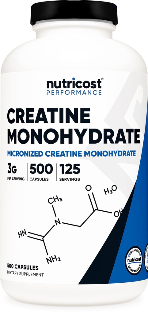Nutricost Micronized Creatine Monohydraat 3.000 mg 500 capsules, 125 porties, 750 mg Creatine Monohydraat per capsule