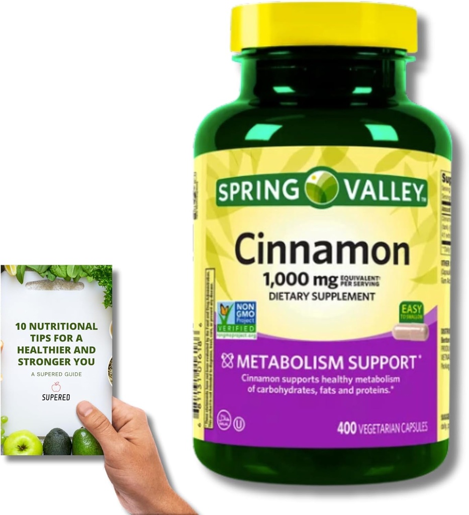 Supplément alimentaire à la cannelle de Spring Valley - 1000mg, 400 Capsules végétariennes + 'Guide nutritionnel'