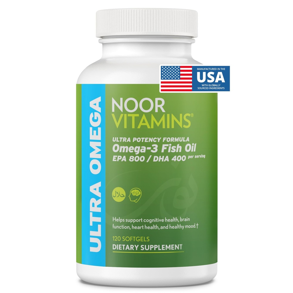 Noor Vitaminen Halal Visolie, Halal Vitaminen, Ultra Omega 3 Wilde Peruaanse Vis (800 mg EPA & 400 mg DHA) Hart, hersenen & gezamenlijke ondersteuning, Non-GMO en Glutenvrij (120 telling)