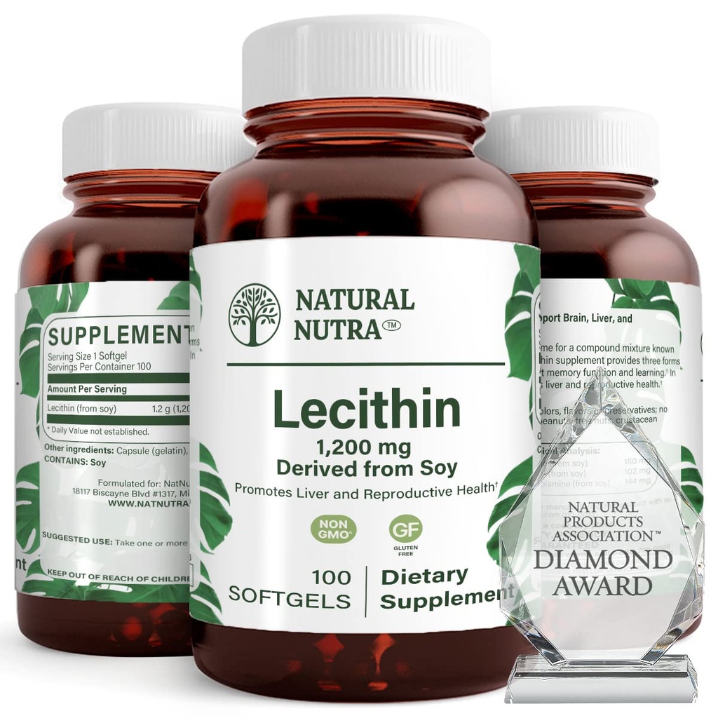 Natuurlijke Nutra Soy Lecithin 1200 mg Dieetsupplement - Hersenfunctie, Lever Gezondheid, Hepls Borstgezondheid, Geheugen Boosten Supplement - Glutenvrij, BPA-vrij, 100 Softgels in Recyclebare glazen flessen