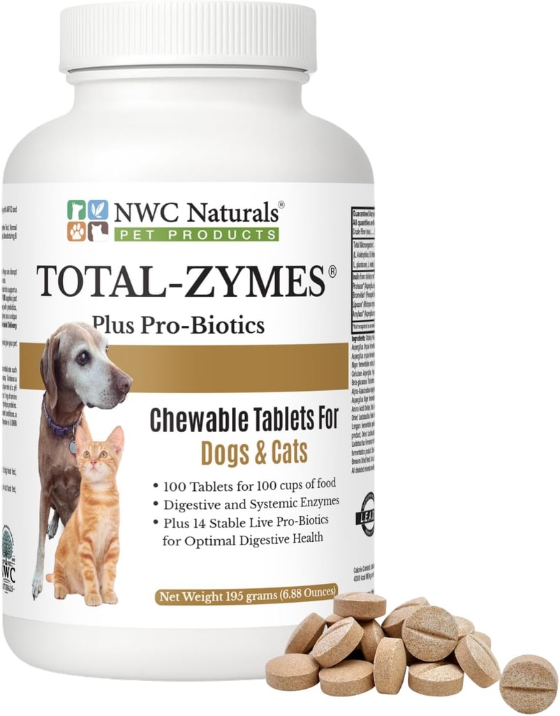 NWC Naturals Total-Zymes Plus Vegetarische spijsverteringsenzymen voor honden en katten, Ondersteunt een gezonde spijsvertering Tract & Immune System, Advanced Probiotics & Prebiotics- 100 Kauwtabletten