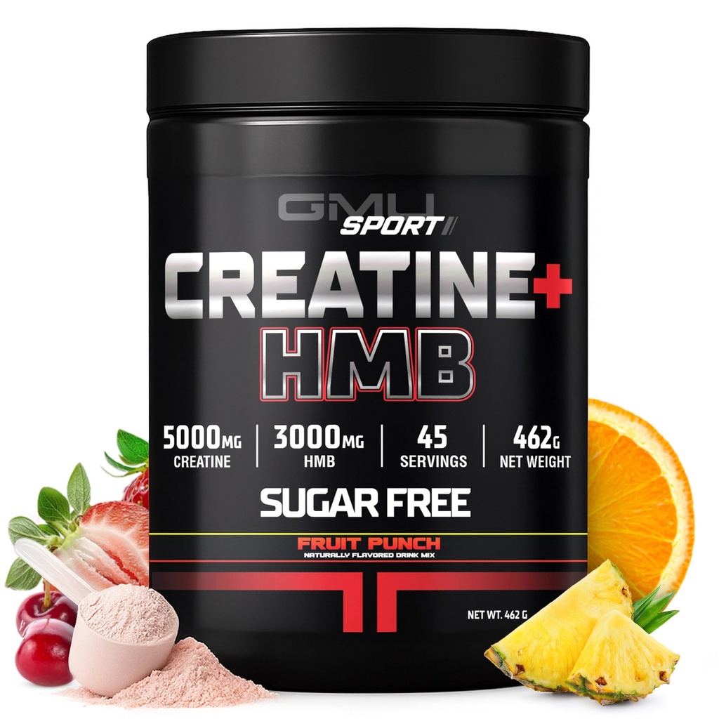 GMU SPORT - Monohydrate de créatine avec poudre HMB - 45 portions, suppléments de créatine HMB, créatine avec HMB pour augmenter la force, la croissance musculaire et l'énergie accrue, 3G HMB/fruit Punch