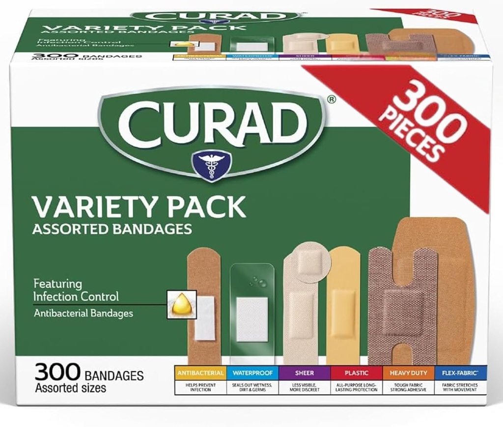 CURAD Assortiment de bandes Variety Pack, 300 Comte, 6 Styles incluant Antibactérien, Imperméable, Plastic, Heavy Duty & Flex-Fabric, Protège Scrapes, Coupes et Brûlures, Sans Latex
