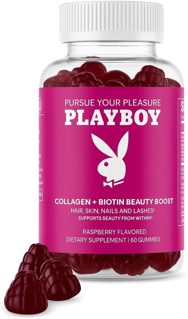 Playboy - Collageen + Biotin Beauty Boost Gummies for Hair, Skin, Nails & Lashes (60 Gummies) - Raspberry Flavored Biotin & Collageen Supplement for Women & Men - Non-GMO, Glutenvrij, Nootvrij Gummy