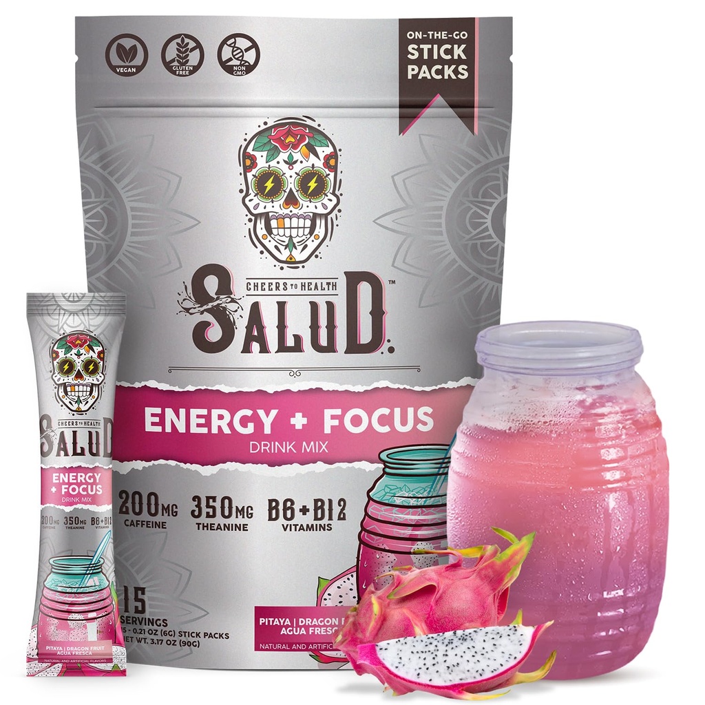 Salud 2-in-1 Energy Drink Powder + Focus, Dragon Fruit, Biologische Cafeïne, B6 + B12, Theanine, Clean Energy Drink Packets, Pitaya Agua Fresca Mix, Non-GMO, Glutenvrij, Veganistisch, 1g suiker, (15 Servers)