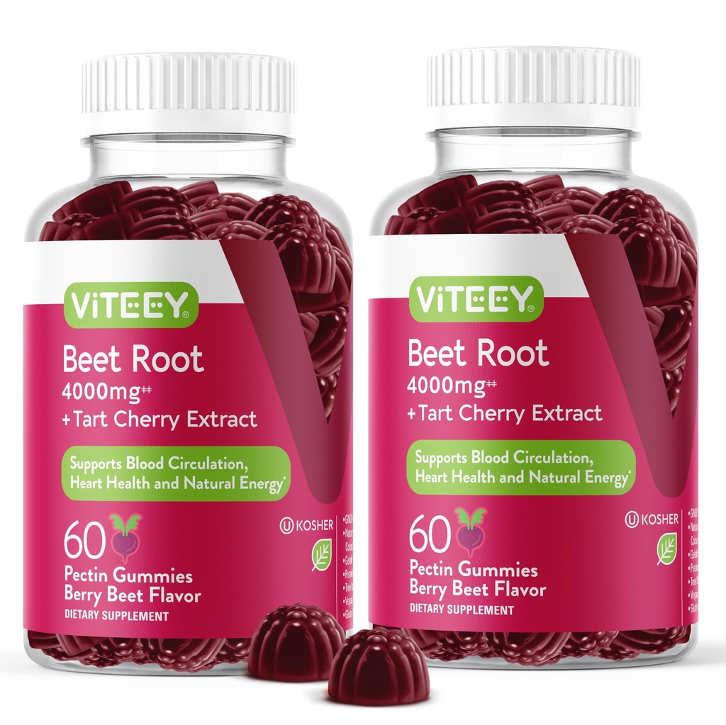Viteey Beet Root Gummies met Tart Cherry - Rode bietensupplement voor de gezondheid van het hart, bloeddruk ondersteuning - Vegan, Glutenvrije - 120 Tel.