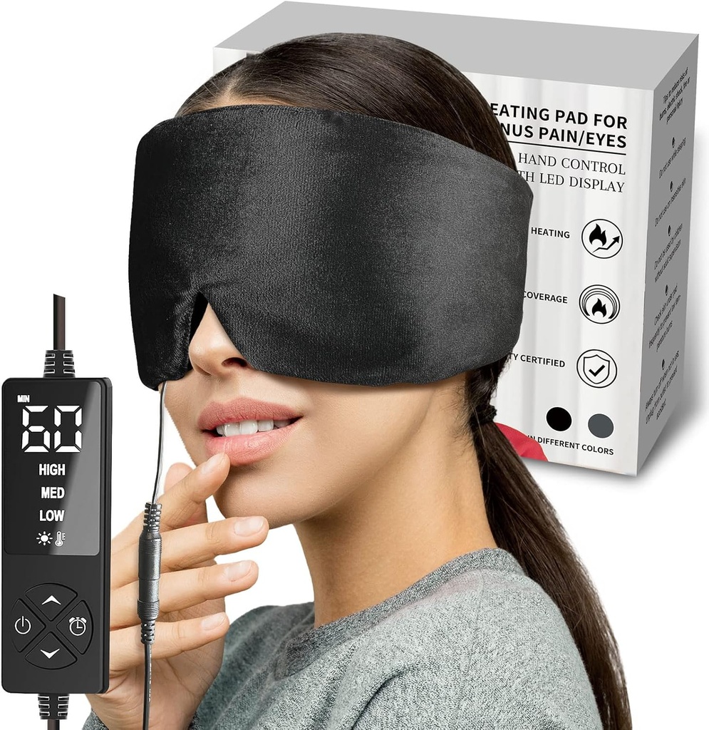 sticro Verwarmde oogmasker met extra grote grootte voor droge ogen en Sinus drukreliëf, Ultra Zachte Gezicht Verwarming Pad voor spanning hoofdpijn verlichting, Jaw TMJ pijnverlichting - 3 warmte & 5 Timing instellingen (zwart)