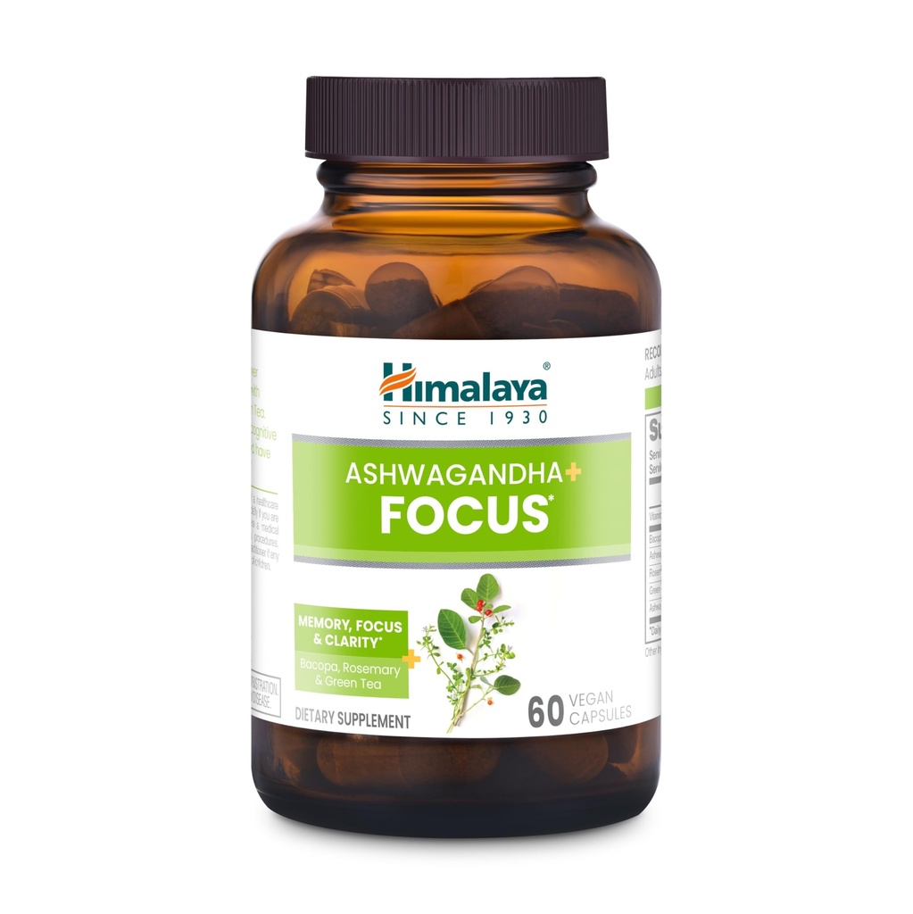 Himalaya Ashwagandha+ Focus - Herbal Focus Supplement met B12, Rosemary, Green Tea en Bacopa Nootropics voor geheugen en helderheid - Veganistisch, Non-GMO, Glutenvrij, 1690 mg, 60 Caplets