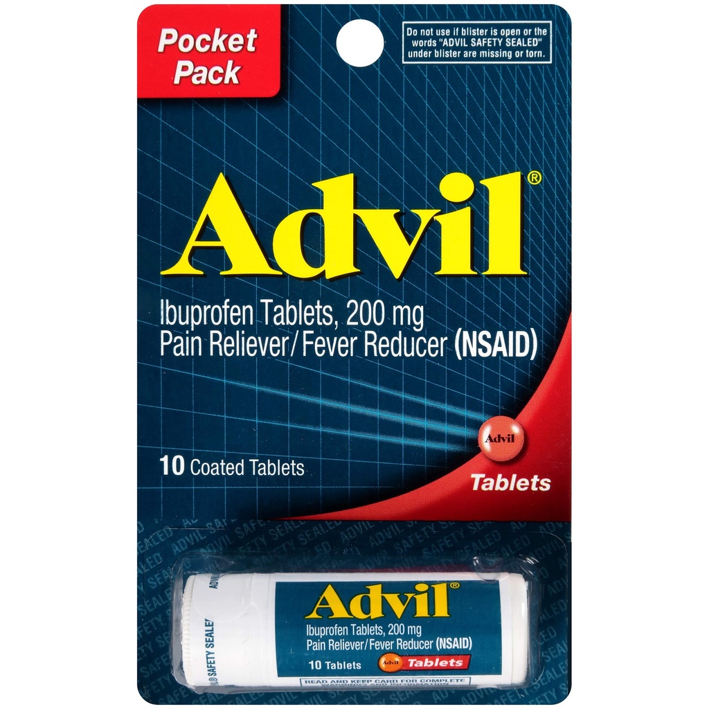 Advil Coated Tablets Pain Reliver and Fever Reducer, Ibuprofen 200mg, 4 x 10 Telflacon, Fast Pain Relief, Pocket Pack