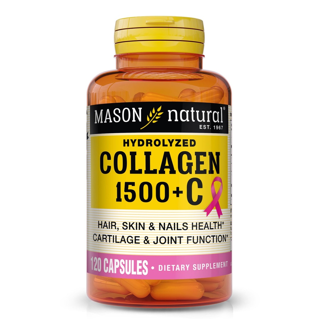 MASON NATURAL 1500mg Collagène avec vitamine C, biotine et calcium, capsules d'approvisionnement de 40 jours, supplément pour cheveux, peau et ongles.