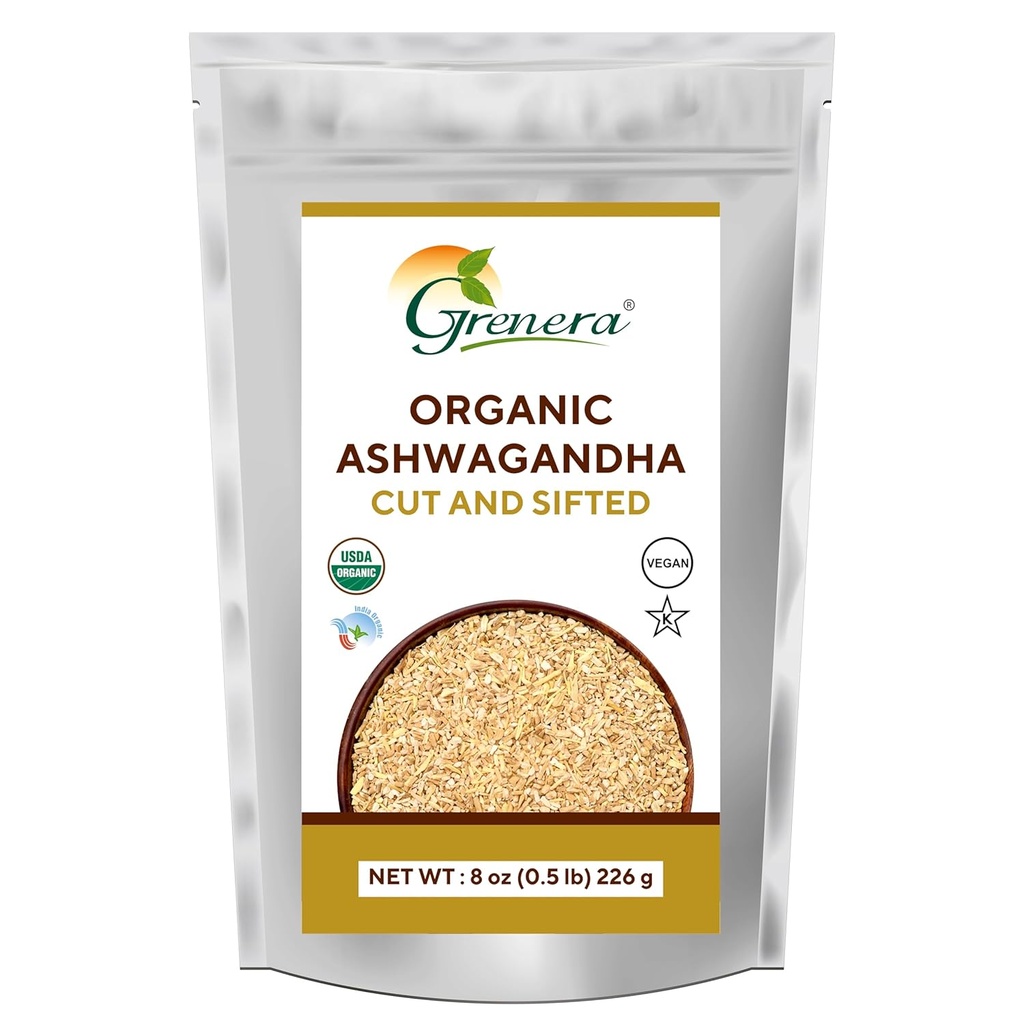 Grenera Organic Ashwagandha Root Cut and Sifted 8 oz, Withania Somnifera USDA Gecertificeerd 3 tot 5 mm Grootte, Beste voor het maken van kruidenthee
