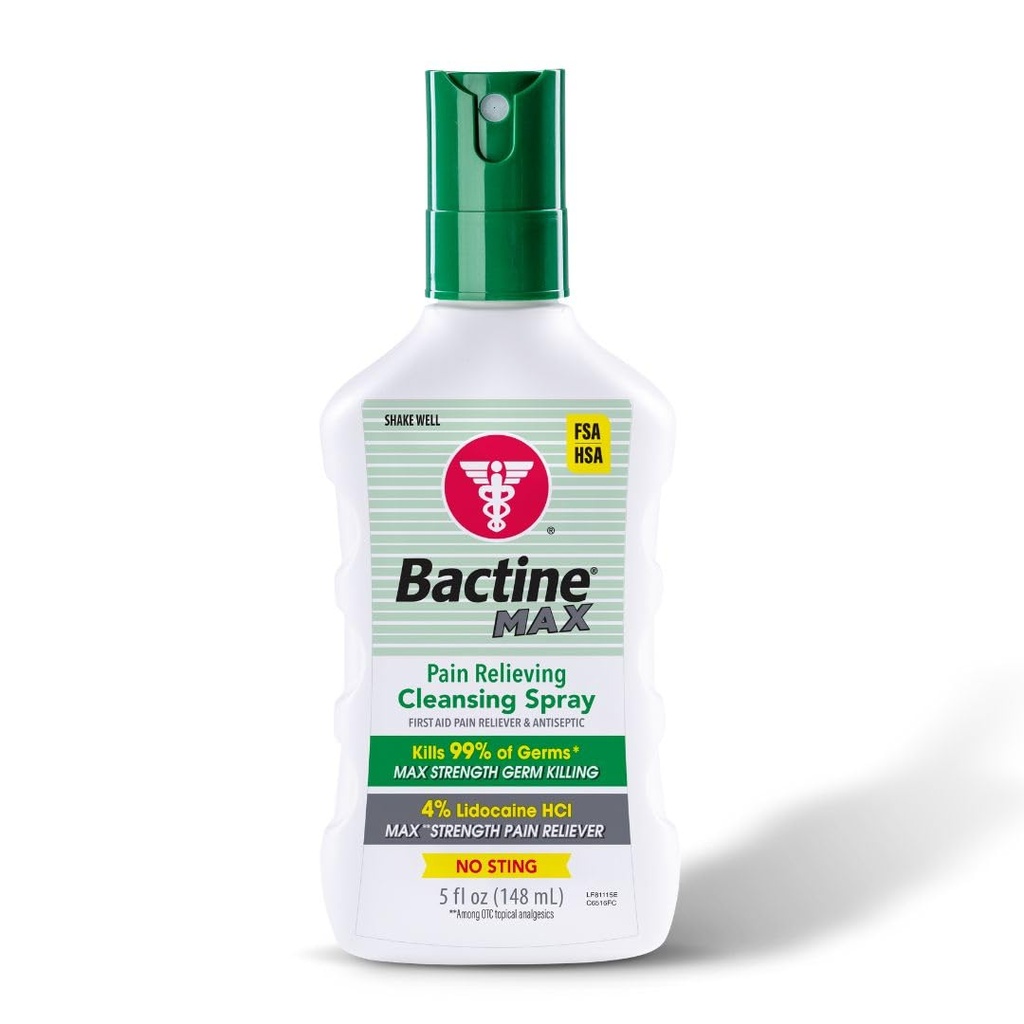 Bactine Max Pain Relieving Antiseptische Spray met Lidocaine, Eerste Hulp Pijn + Itch Relief, No-Sting, doodt 99% van Germs*, 5oz
