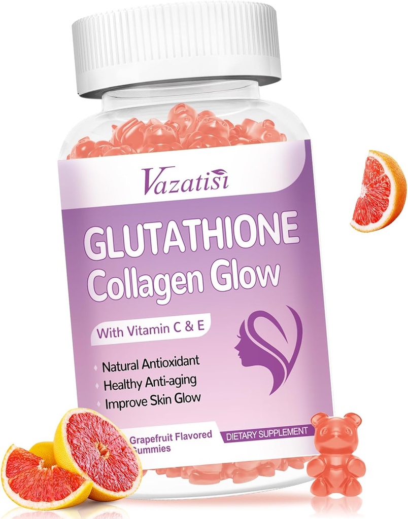 Glutathion Collageen Glow Gummies, Collageen Gummies met vitamine C, E, Glutathion supplement voor vrouwen, huidverzorging, anti-aging, Grapefruit smaak, 60 Tellen