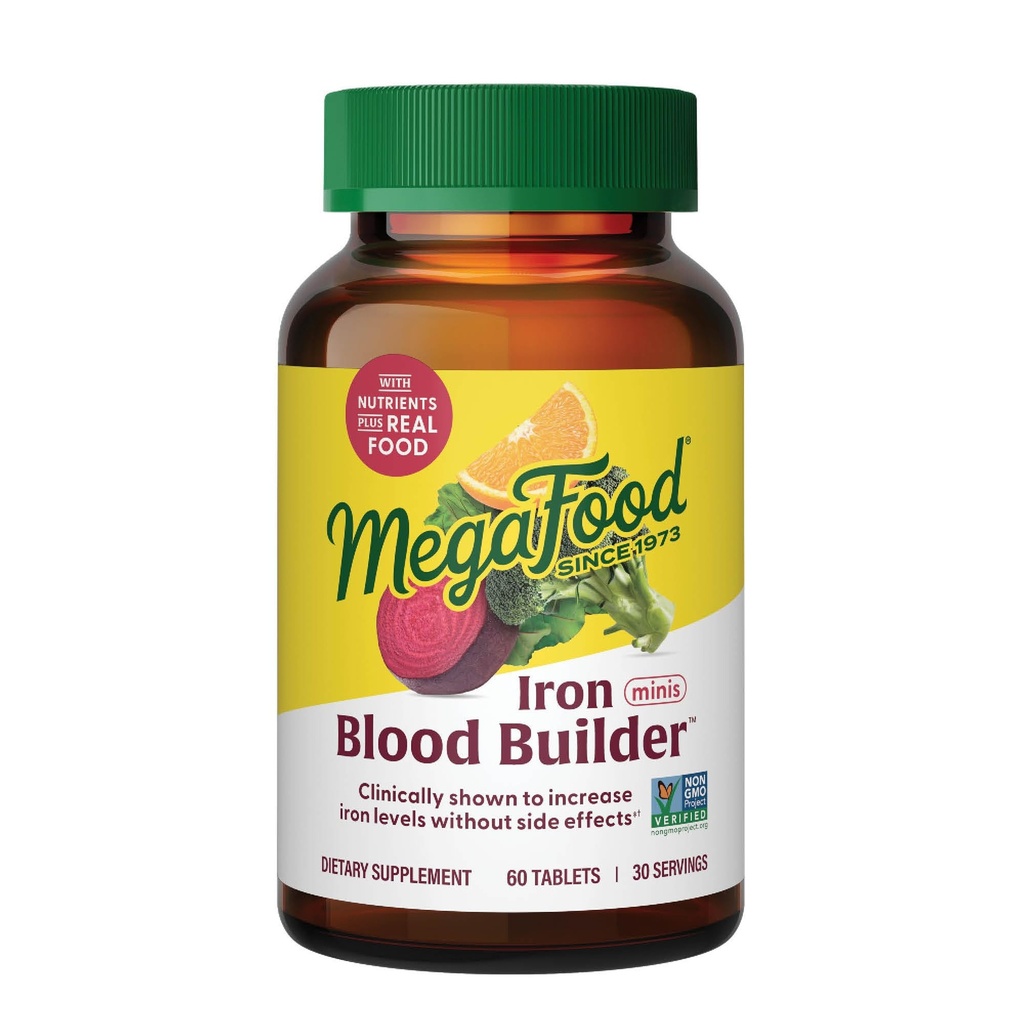 MegaFood Blood Builder Iron Supplement for Women & Men - Verhoog ijzerniveaus zonder bijwerkingen - Strijd tegen vermoeidheid - Vitamine B12, foliumzuur en vitamine C - Vegan - 60 Mini tabletten (30 porties)