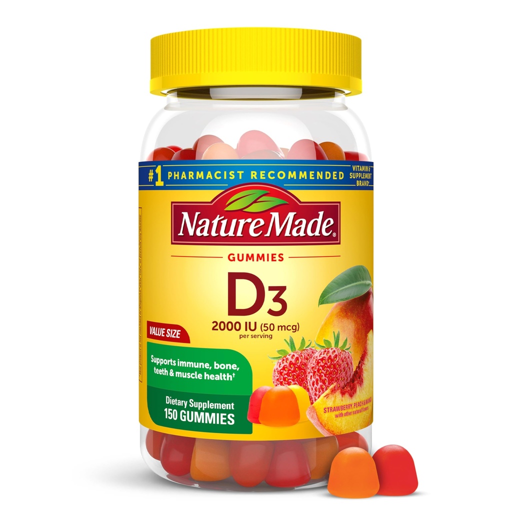 Nature Made Vitamin D3 2000 IE Per Serving Gummies, Bone, Teeth, Muscle and Immune Health Support, 75 Day Supply, 150 Vitamine D Gummies for Adults