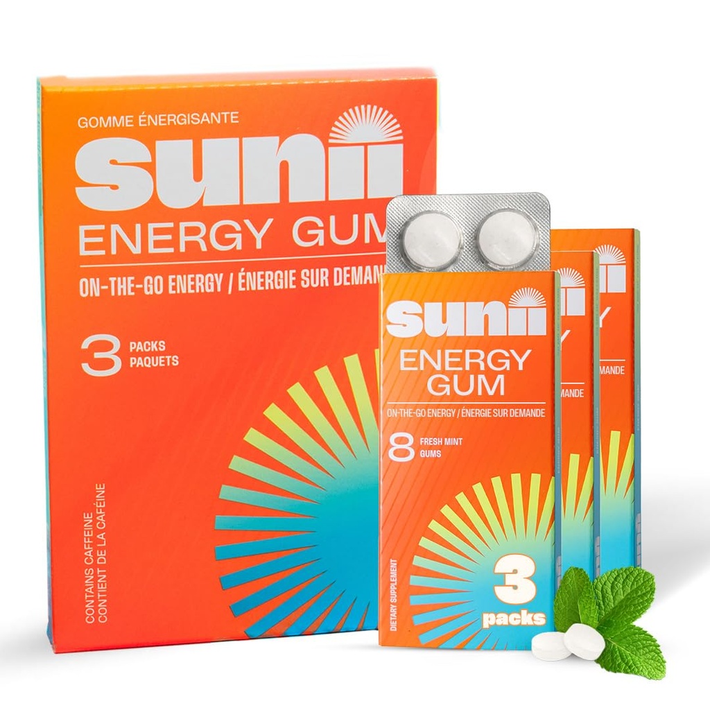 SUNII ENERGY GUM - Nouveau boost rapide énergie et focus - 50mg Caffeine Gum -Vitamines B6 & B12, Taurine, Vegan, Pas de sucre, Zero Calorie, Bouche de menthe fraîche - Plus rapide que les bouchées, boissons, gels et pilules (24pcs)