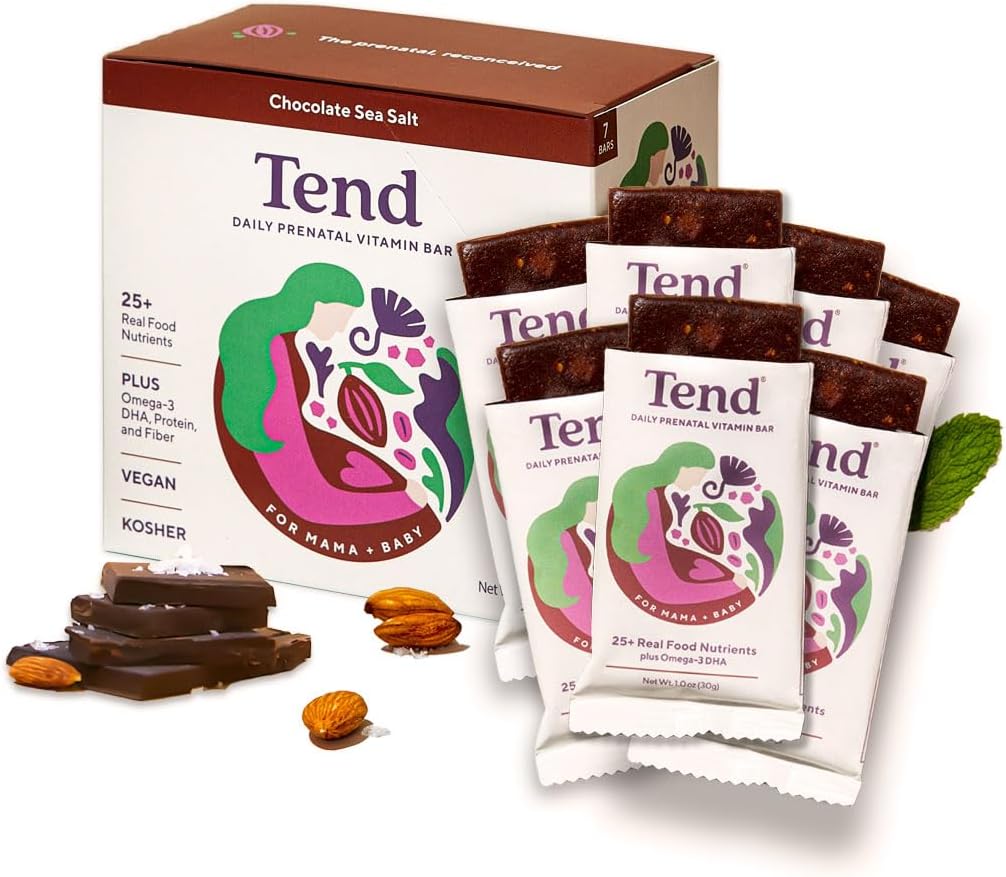 Tend Daily Best Prenatale Vitamine Bar, Gemaakt met biologische ingrediënten voor zwangere en postpartum moeders, Inclusief DHA, Vitamine D, B, Choline, Folaat - Chocolade Zeezout (7ct)