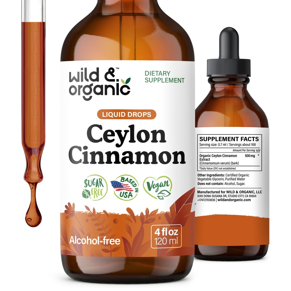 Wild & Organic Ceylon Cinnamon Tinctuur 500 mg - Liquid Cinnamon Supplementen voor Algemene Ondersteuning - Cinnamomum Verum Bark Extract - Vegan, Sugar & Alcohol-Free, Non-GMO - 4 fl oz