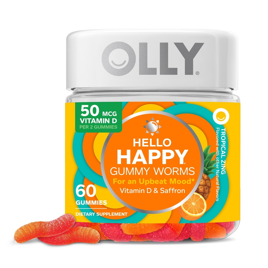 OLLY Hallo Happy Gummy Worms, Mood Balance Support, Vitamine D, Saffraan, Volwassen Kauwbare Supplement, Tropische Zing - 60 Tellen