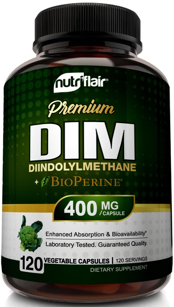 NutriFlair DIM Supplement 400 mg met Bioperine, 120 capsules - Diindolylmethaan - Estrogeen Metabolisme Support & Hormone Balance, Menopauze, PCOS, Acne en Huidverzorging voor mannen en vrouwen - Vergelijk met 300 mg