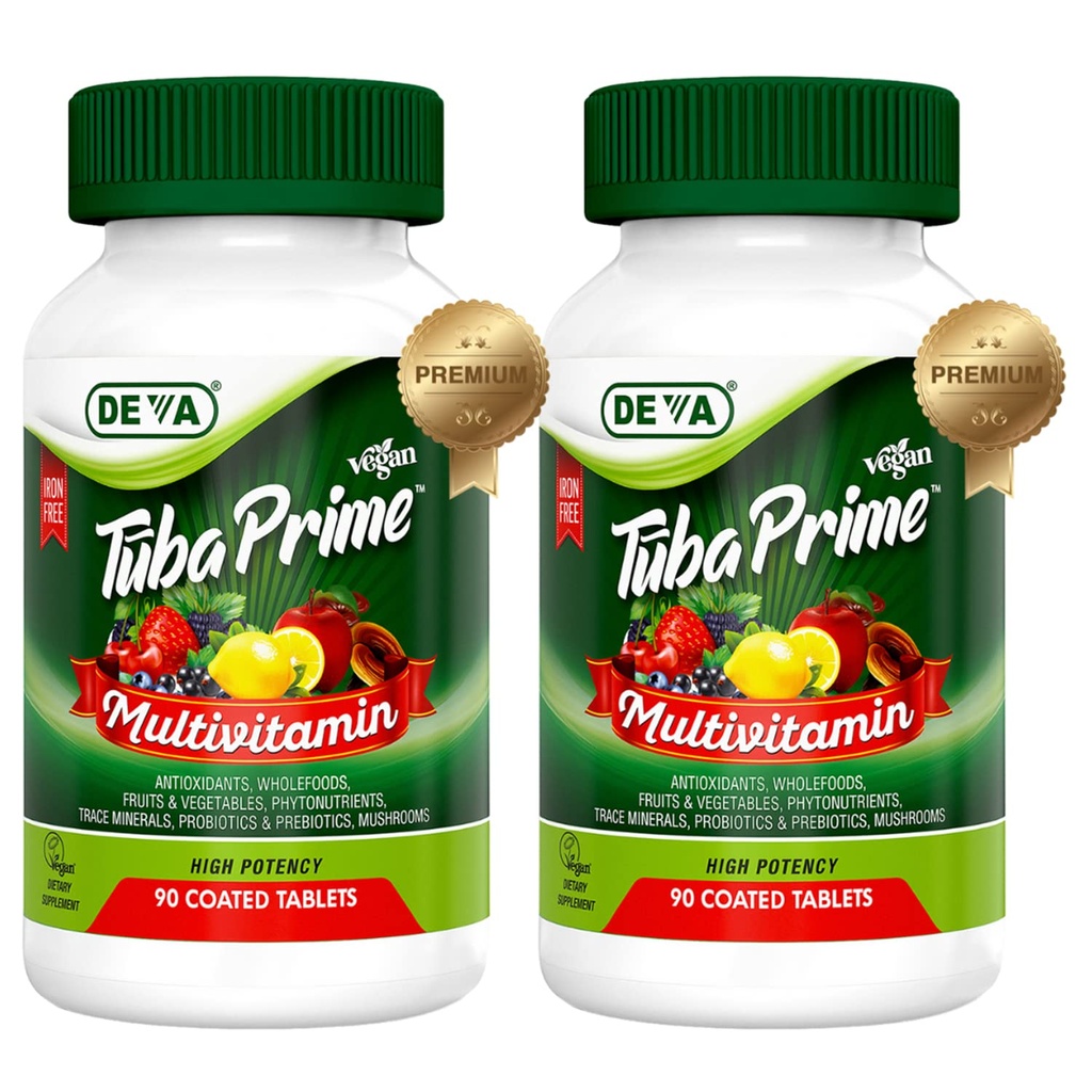 DEVA Tuba Prime Vegan Multivitamine Iron-Free High-Potency Vitamine & Mineraal Dieetsupplement Antioxidanten, Fruit & Veg Blend, Super Paddestoelen, Probiotica, Prebiotica, Zaden, Kruiden 90 Tabs 2-pack