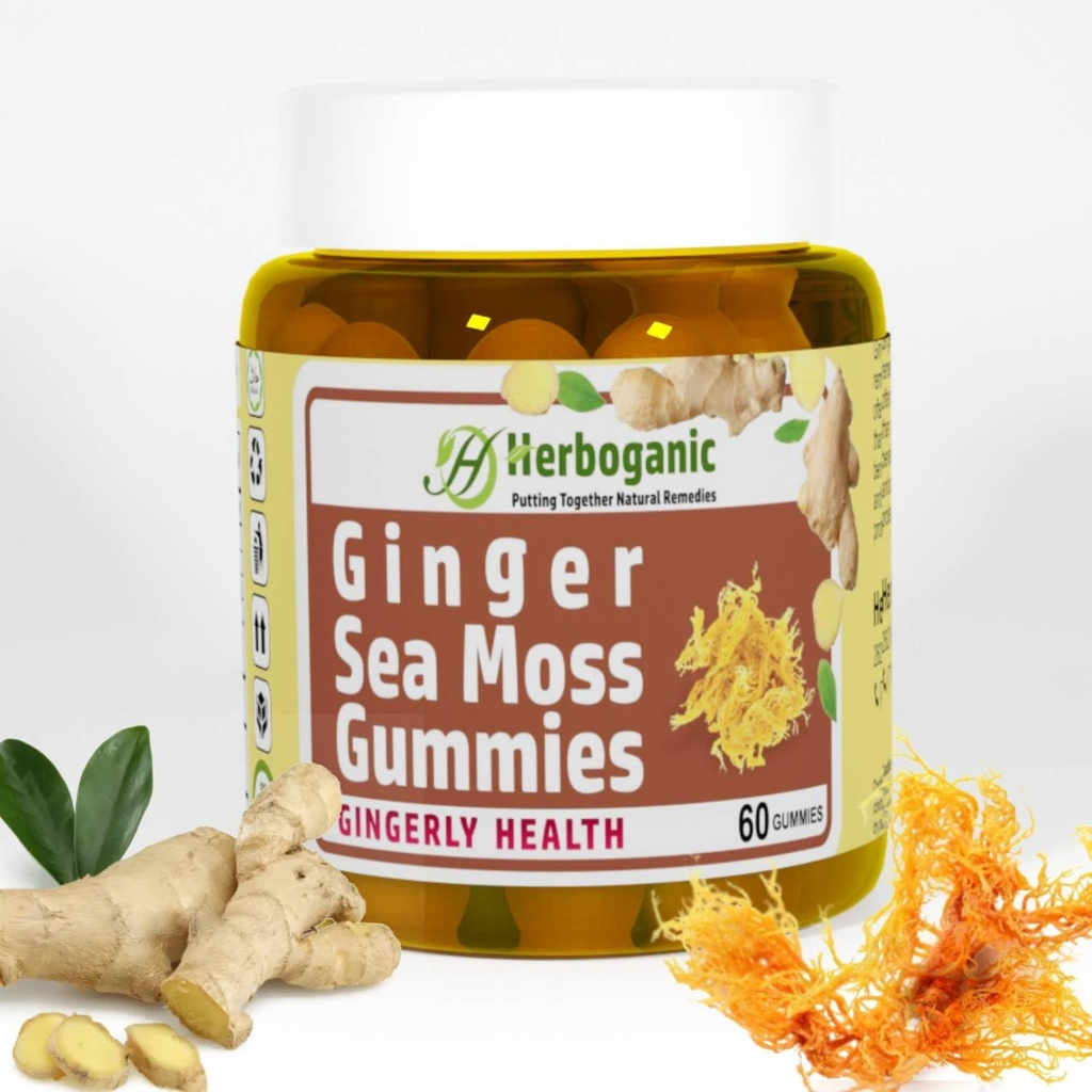 HERBOGNIC Ginger Sea Moss Gummies - Herbal Support for Immune & Digestive Health - Plant-Powered, Gluten-Free & Vegan-Friendly - 60 Tel.