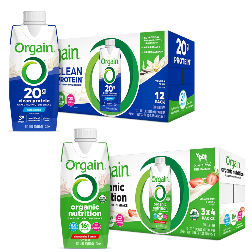 Orgain Clean Protein Shake, Grass Fed Dairy, Vanilla Bean (pakket van 12) en Orgain Organic Nutritional Protein Shake, Aardbeien & Cream (verpakking van 12)
