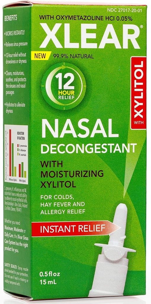 Xlear 12-uurs natuurlijke Saline Neual Decongestant Spray met Xylitol en Oxymetazoline, Instant Sinus druk en congestie Relief voor kinderen en volwassenen 0,5 fl oz (pakket van 3)