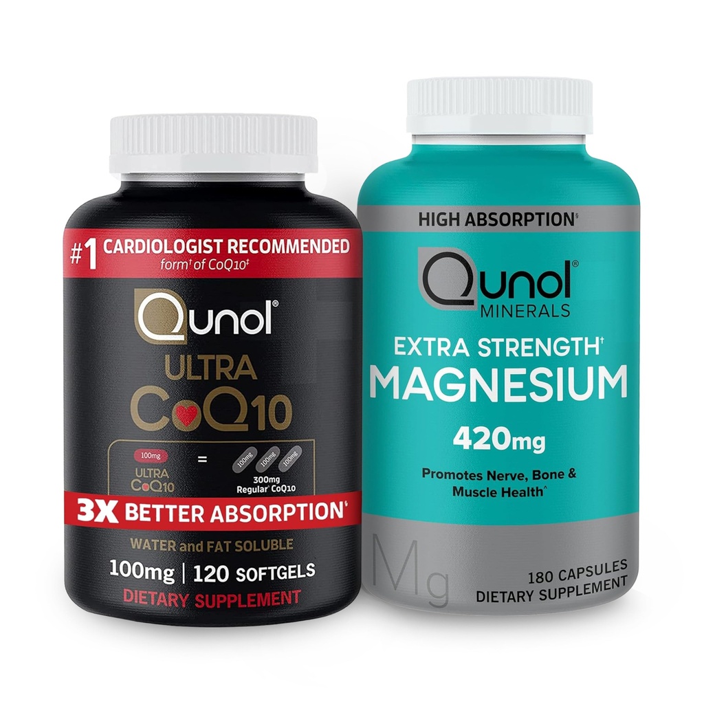 Qunol CoQ10 100mg Softgels, 3X Better Absorptie 4 maanden Levering + 120 Tel Magnesium Glycinate Capsules 420mg, Hoge Absorptie Magnesium Supplement, 180 Tel.