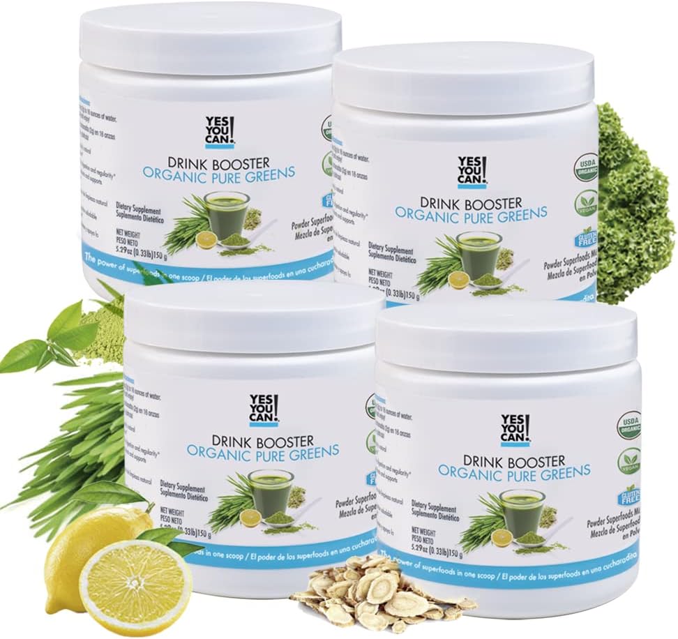 Oui, vous pouvez ! Boissons Booster - Bio Greens Superfood Powder Drink Mix - 4 Pack avec Alfalfa Grass, Wheatgrass, Kale, Orge, Poudre de jus de citron - Riche en antioxydants, vitamines et minéraux.