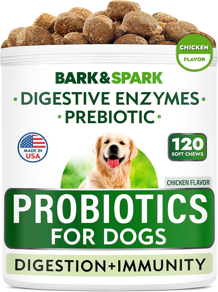 BARK&SPARK Hondenprobiotica Kauwen - Gas, diarree, Allergieën - Enzymen + Prebiotica - Kauwbare vezels - Digestie, Immuniteit - USA Made - 90 Ct - Kip