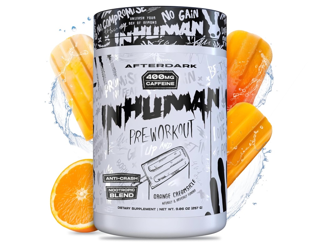 APRÈS INHUMAN Poudre de pré-entraînement, connexion Mind-Muscle améliorée, énergie soutenue, mélange nootrope de Potent, végétalien, sans gluten, sans soja, 400mg caféine, sans crash, crème orange