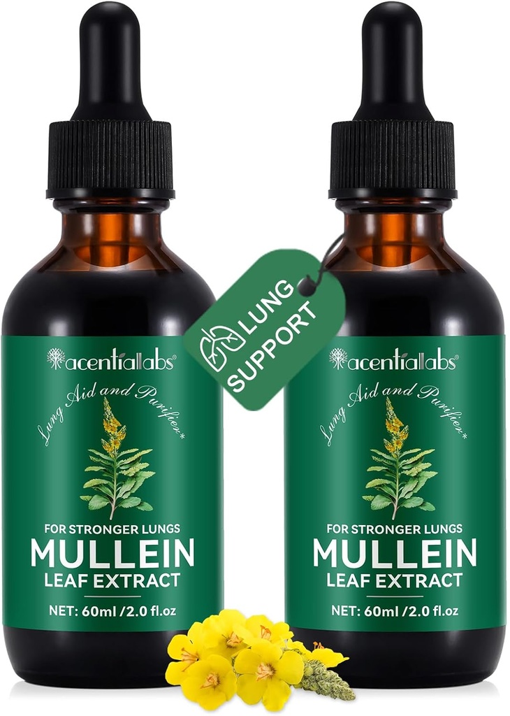 2 Stuks Biologische Liquid Mullein Extract Supplement voor Longen Gezondheid - Vegan, Geen additievenBronchial Reiniging voor gezondheid Ondersteuning- 2 fl oz Mullein druppels