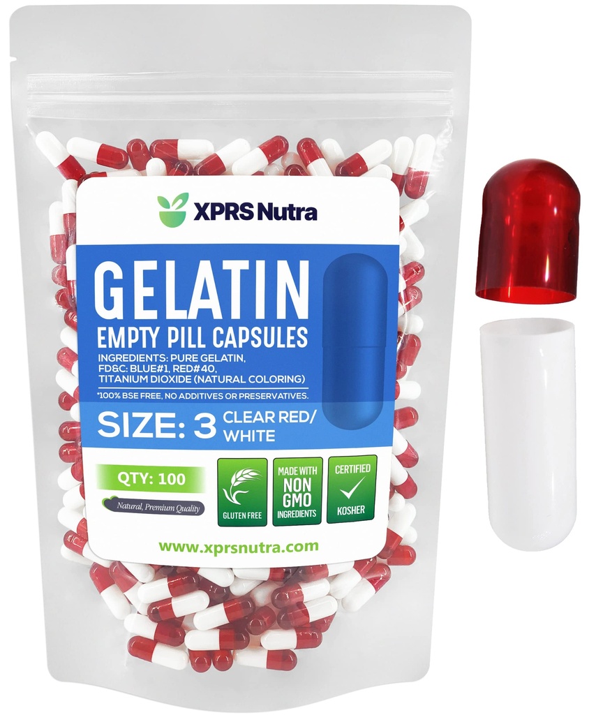 XPRS Nutra Maat 3 Lege Capsules - 100 Telle Lege Gelatine Capsules - Pillen DIY Capsule vullen - Pure Bovine Pill Gel Caps Vulbaar voor Do-It-Yourself Vitaminen en Supplementen (Wissen Rood/Wit)