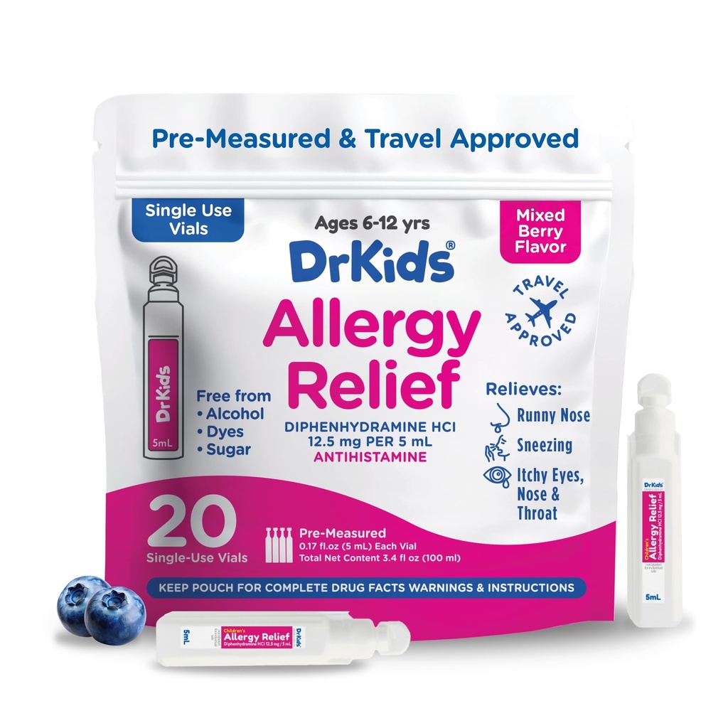 Dr. Kids Kinderen Allergie Verlichting Geneeskunde met difenhydramine - Voorgemeten enkelvoudig gebruik Vials, Kinderen Antihistamine voor niezen, Runny Neus & Itchy Eyes, gemengde Berry Flavor, 20 Tellen (pakket van 1)