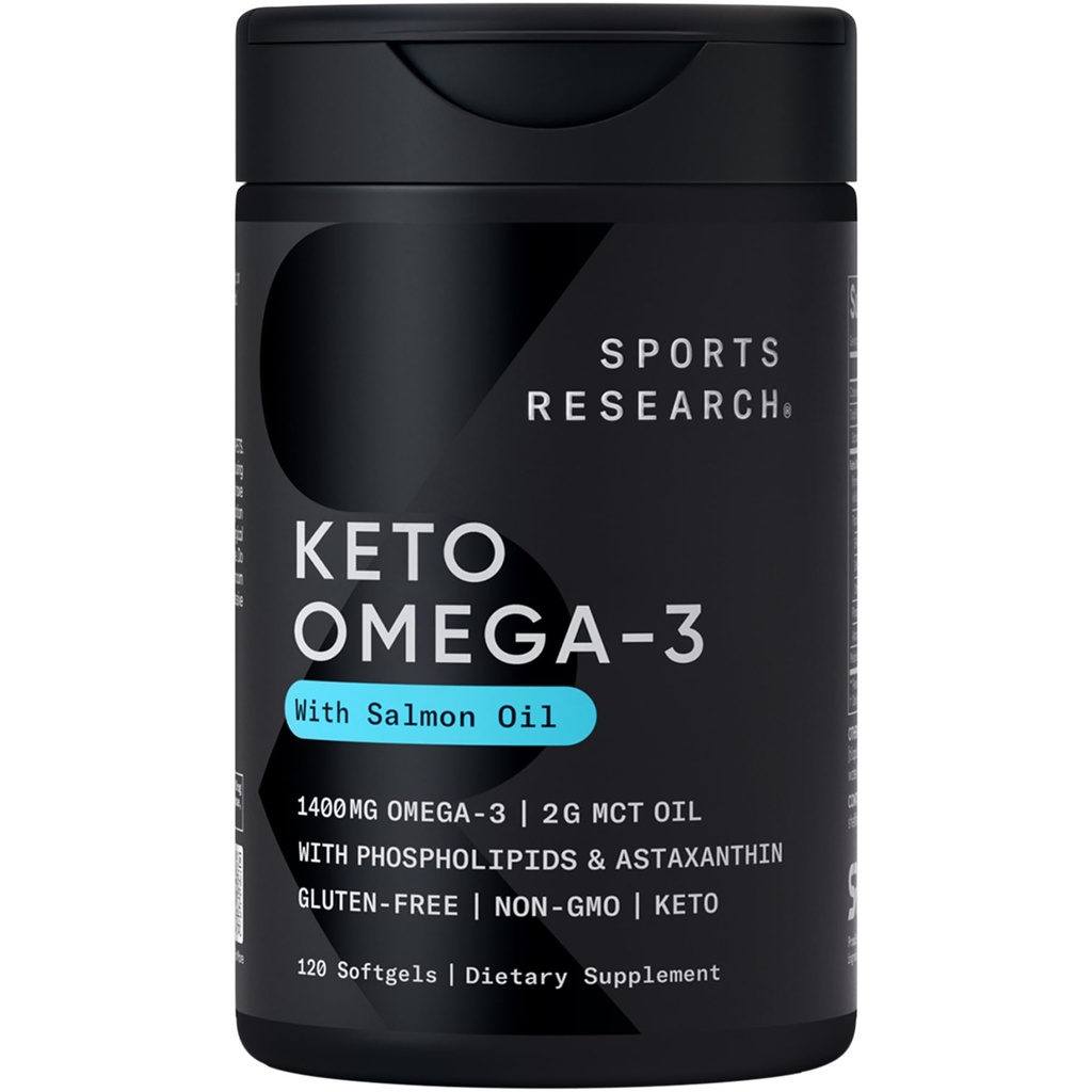 Sports Research® Keto Omega Fish Oil 1400mg - Full Spectrum Omega-3 Blend with Astaxanthine & Coconut MCT Oil - Keto Certified, Soy & Gluten-Free (120 Softgels)