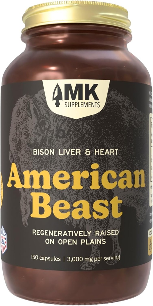 MK Supplementen American Beast, Bison Orgel Supplement voor atleten, ondersteunt sterkte, duurzaamheid & herstel, Freeze-Dried, Non-GMO, Bison Liver & Bison Heart, 30 porties (3.000 mg elk)