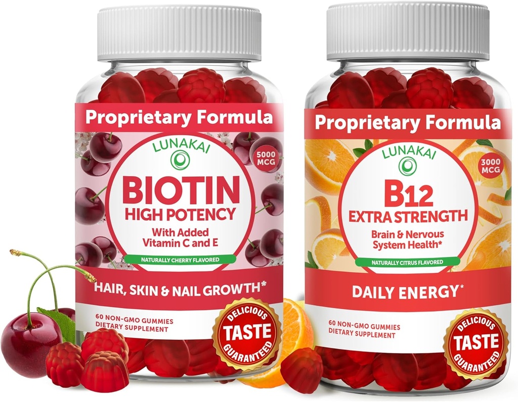 Lunakai Biotine et vitamine B12 Gummies Bundle - Peau de cheveux et ongles Gummies de croissance avec vitamine C et E - Supplément non OGM et végétalien pour le soutien énergétique et la santé des os - 30 jours d'approvisionnement