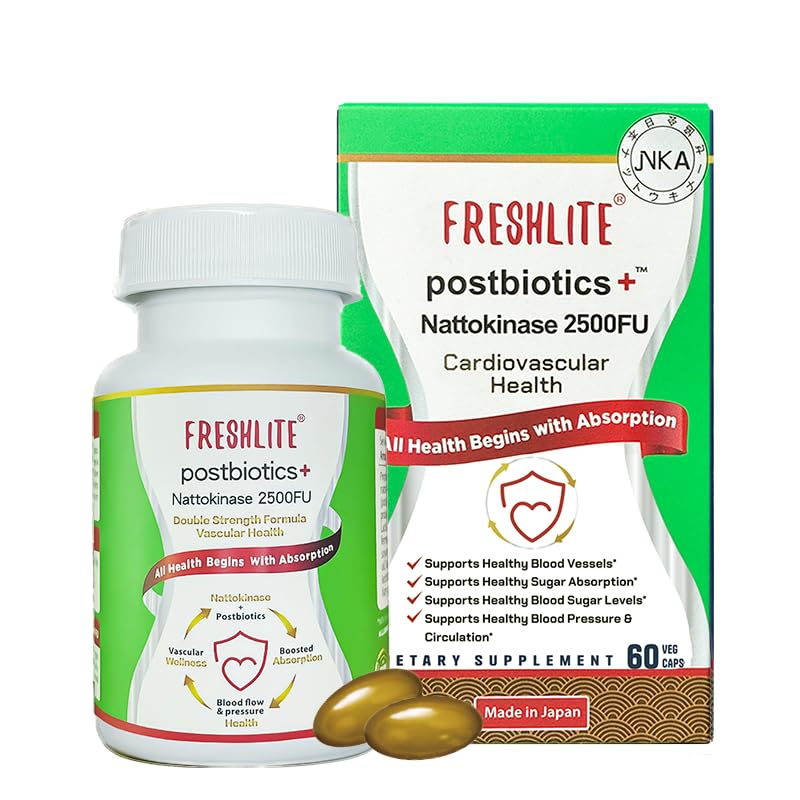 FRESHLITE 2500FU Premium NSK-SD Nattokinase & Vegan Postbiotica voor hart- en vaatondersteuning Bloeddruk, Cholesterol & Heart Health 