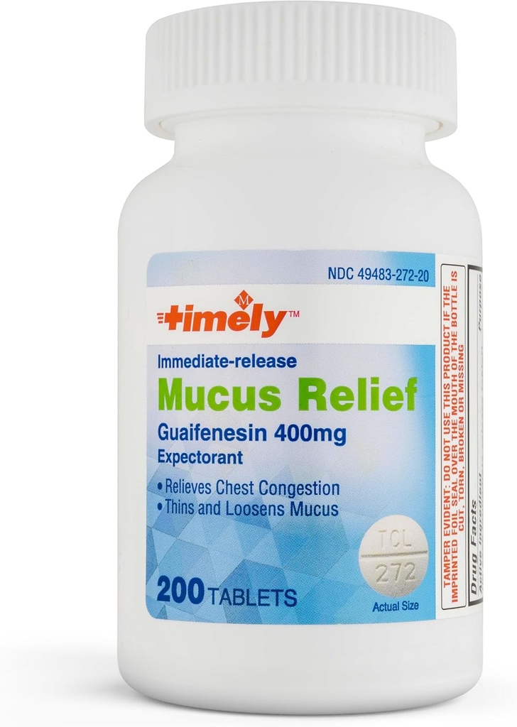 TIME-CAP LABS, INC. Timely Mucus Relief Guaifenesin 400mg 200 tabletten - Onmiddellijke release Mucus Phlegm Relief - Expectorant for Mucus Removal, Borst Congestie, Griep, Verkoudheid, Allergieën