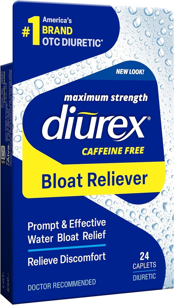 Diurex Cafeïnevrije Bloat Relief, Maximale sterkte, Verlichting Water Bloat Ongemak, Tot 6 Uur van Relief, 24 Tel.