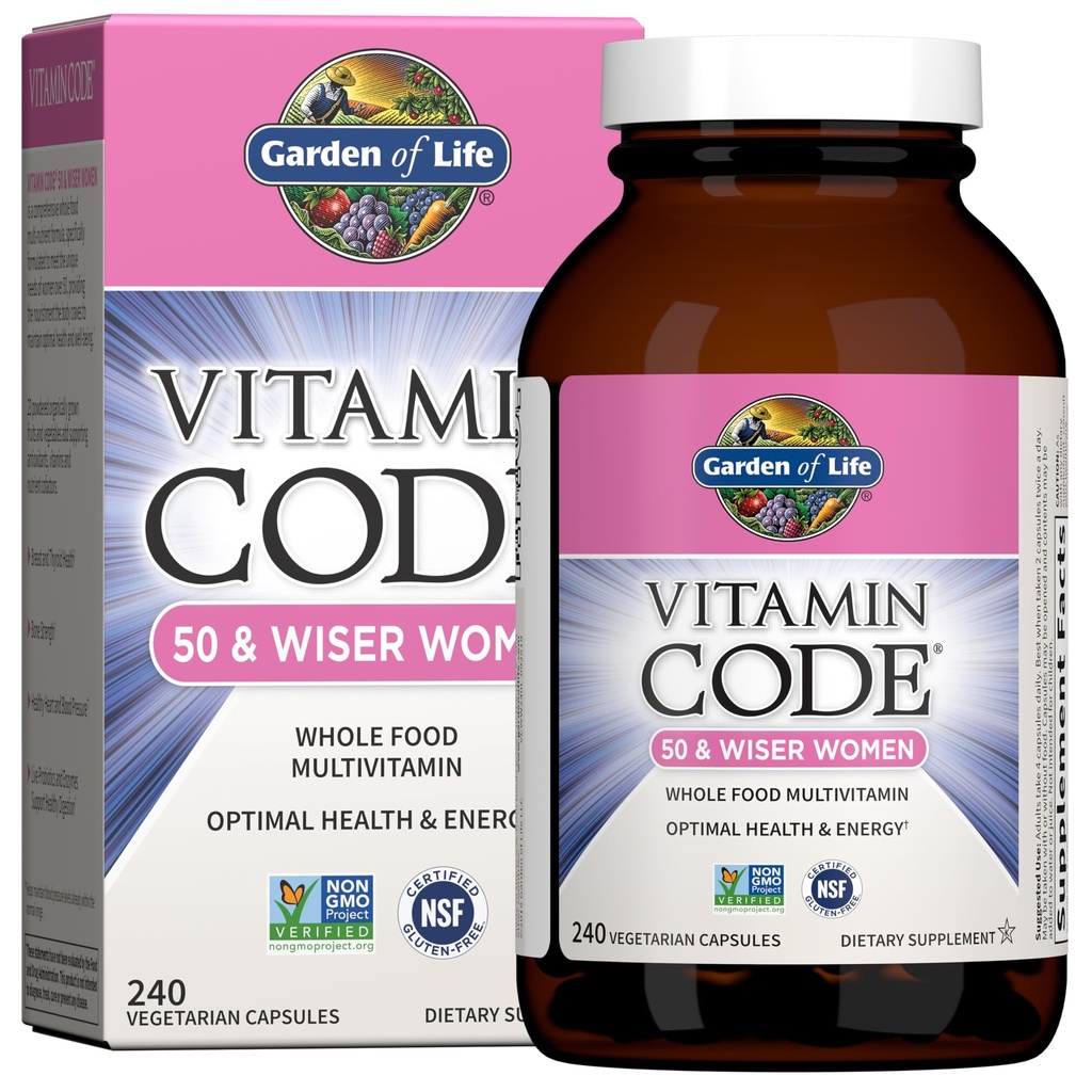 Garden of Life Vitamin Code Multivitamin for Women 50 & Over, 240 Capsules, for Women 50 Plus with B Vitamins, Vitamins A, C, D3, E & K, CoQ10, Probiotics & Enzymes