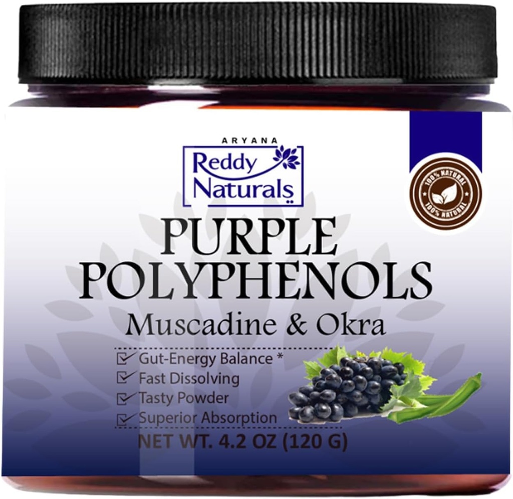 Reddy Naturals - Paarse Polyfenolen Supplement met Muscadine Grape Seed Extract - Natuurlijke Gut Health Ondersteuning Poeder met Okra Extract, Antioxidant Blend voor Energie & Digestieve Gezondheid (30 porties)