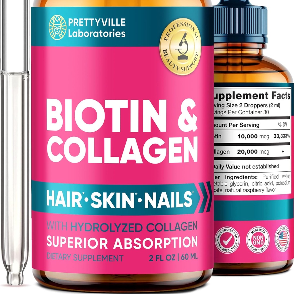 Liquid Collageen & Biotin for Women - 30000mcg Hair Growth Complex - Made in USA - Hydrolyzed Collageen & Biotin Oil for Hair Growth, Healthy Skin & Nails - Vegan Collageen & Biotin Source - 2 fl oz