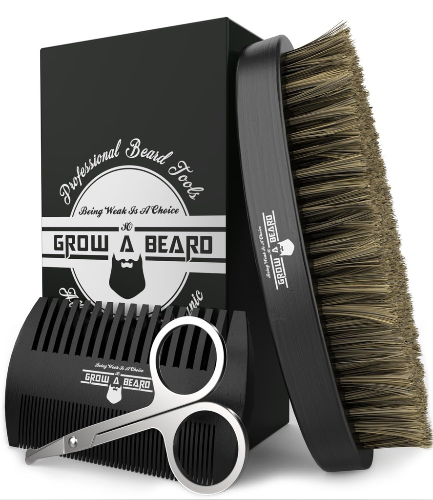 Baardborstel voor mannen & baard Comb Set w/Mustache schaar Grooming Kit, Natural Boar Bristle Brush, Dual Action Wood Comb, en reistas geweldig voor kerstcadeau