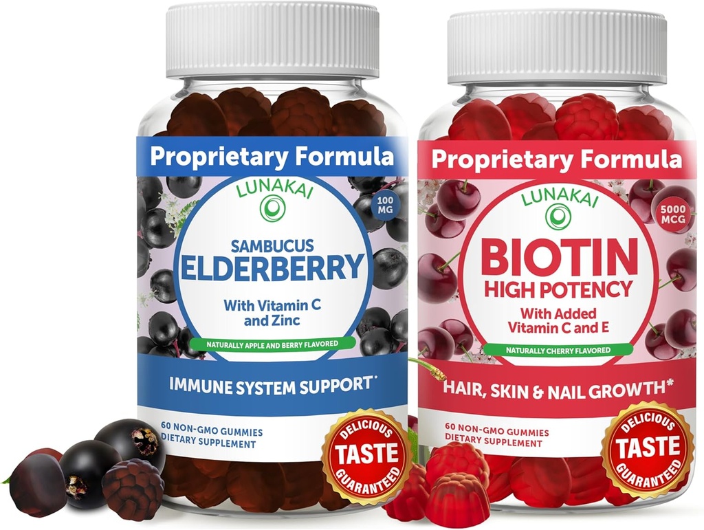 Lunakai Biotin & Elderberry Gummies Bundle - Gummy voor haargroei, huid Glow en sterker Nails met vitamine C en E - Immuun Ondersteuning Supplement voor volwassenen en kinderen