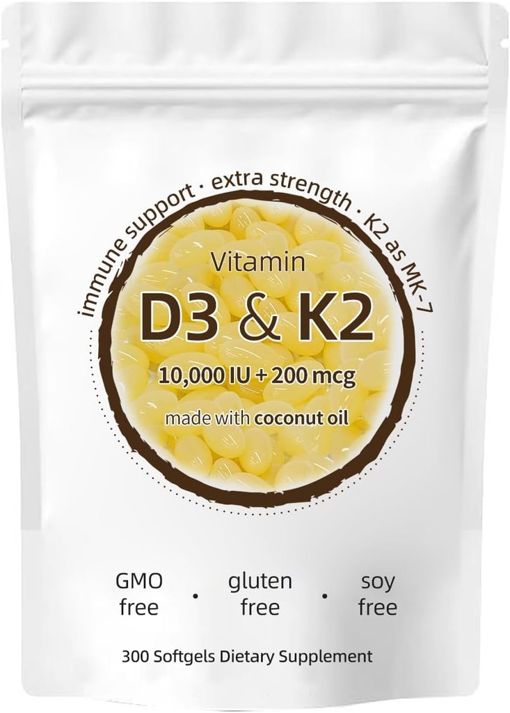 Vitamine D3 K2 Supplement, 10000 IE D3 + 200 MCG K2, 300 Softgels, Non-GMO, Glutenvrij