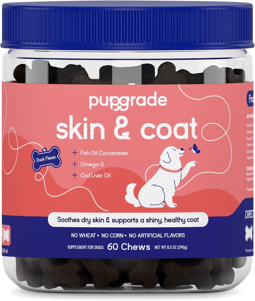 PupGrade Skin & Coat Zachte kauwsupplement voor honden Ondersteunt gezonde huid, jas, en immuunfunctie - rijk aan natuurlijke visolie, omega vetzuren, en vitamines